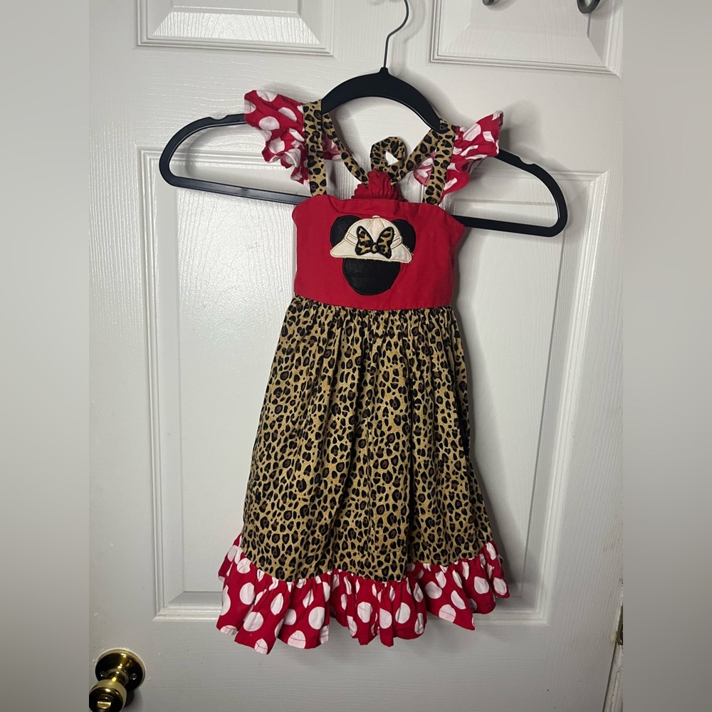 GIRLS DISNEY MINNIE MOUSE Red and Leopard Print Dress with Bow Detail